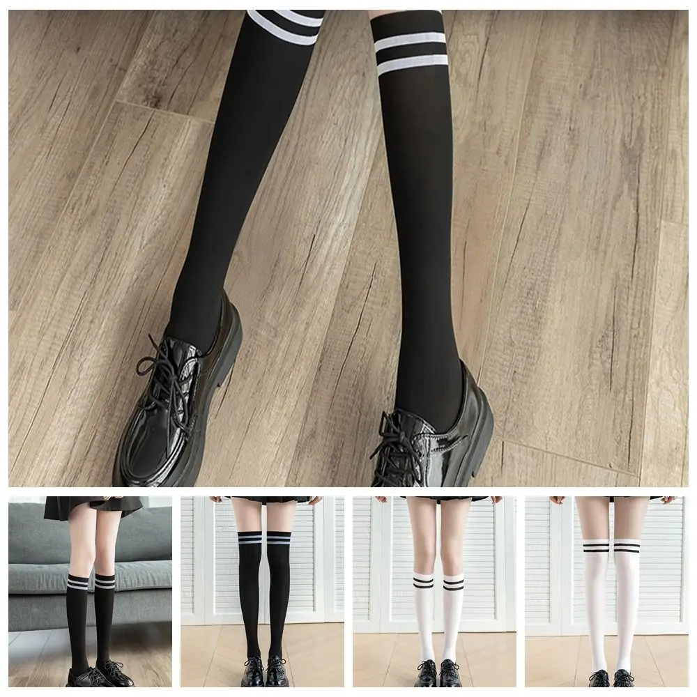 Fashion Striped Splicing Pantyhose Women Thin Fake Calf Socks High Tube Knee Length Stockings Matching Dress Tights Stockings