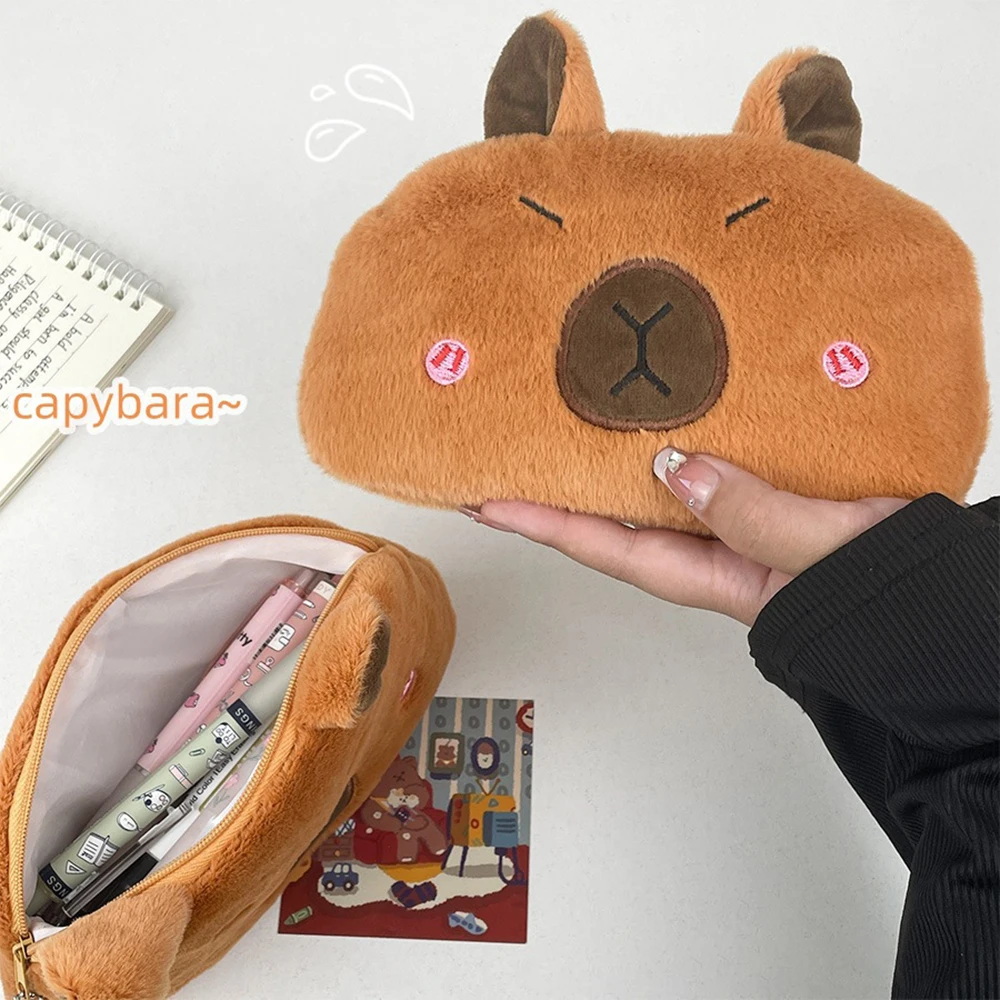 Cute Capibara Shape Pencil Holder Cartoon Soft Plush Large Capacity Pen Pouch Stationery Storage Case Cosmetic Makeup Brush Bag