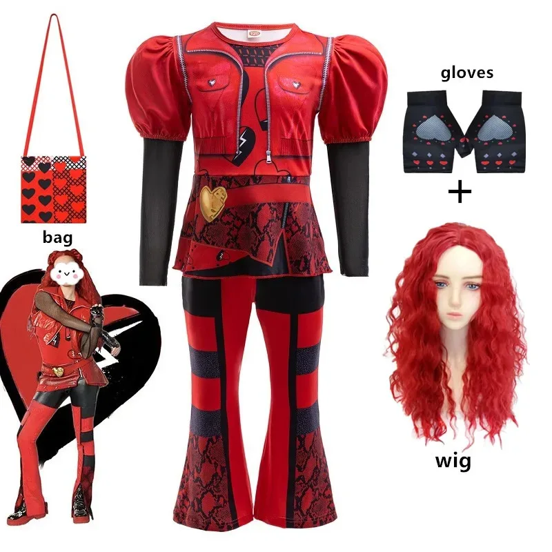 

Красный костюм из фильма D-Descendants 4, детский костюм для девочек The Rise of Red, одежда Evie, фантазия, нарядный костюм на Хэллоуин, комплект париков