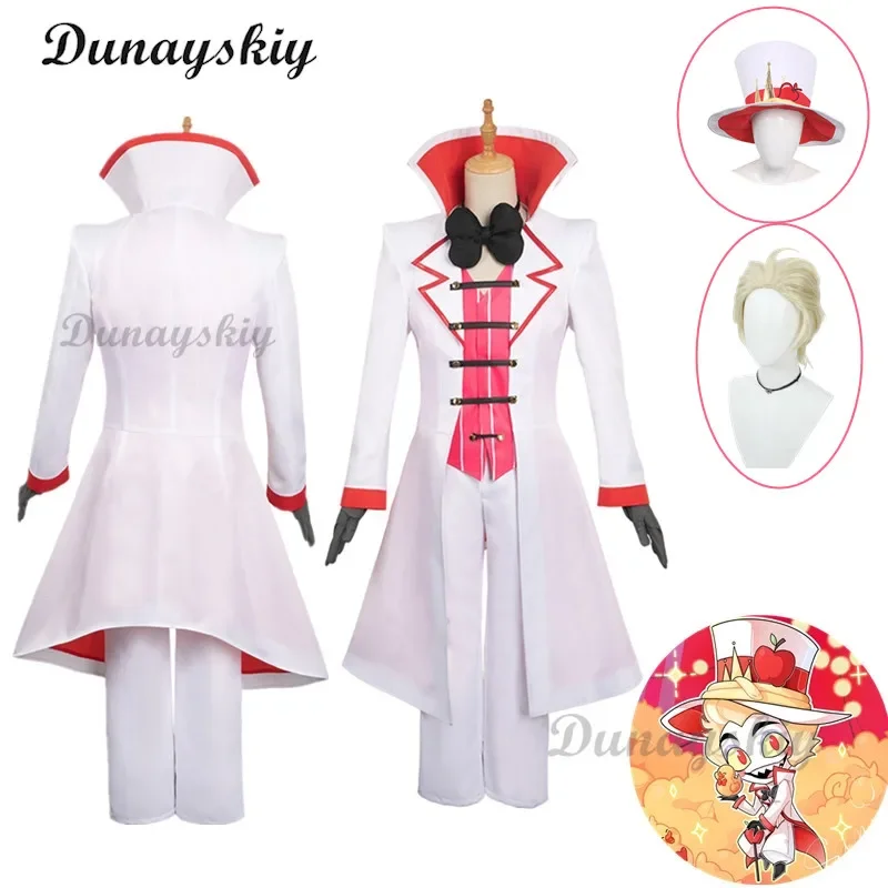 Hazbin Lucifer kostum Cosplay Anime Hotel Morningstar kostum Cosplay Wig Daddy White Suit pesta setan kostum pria dewasa