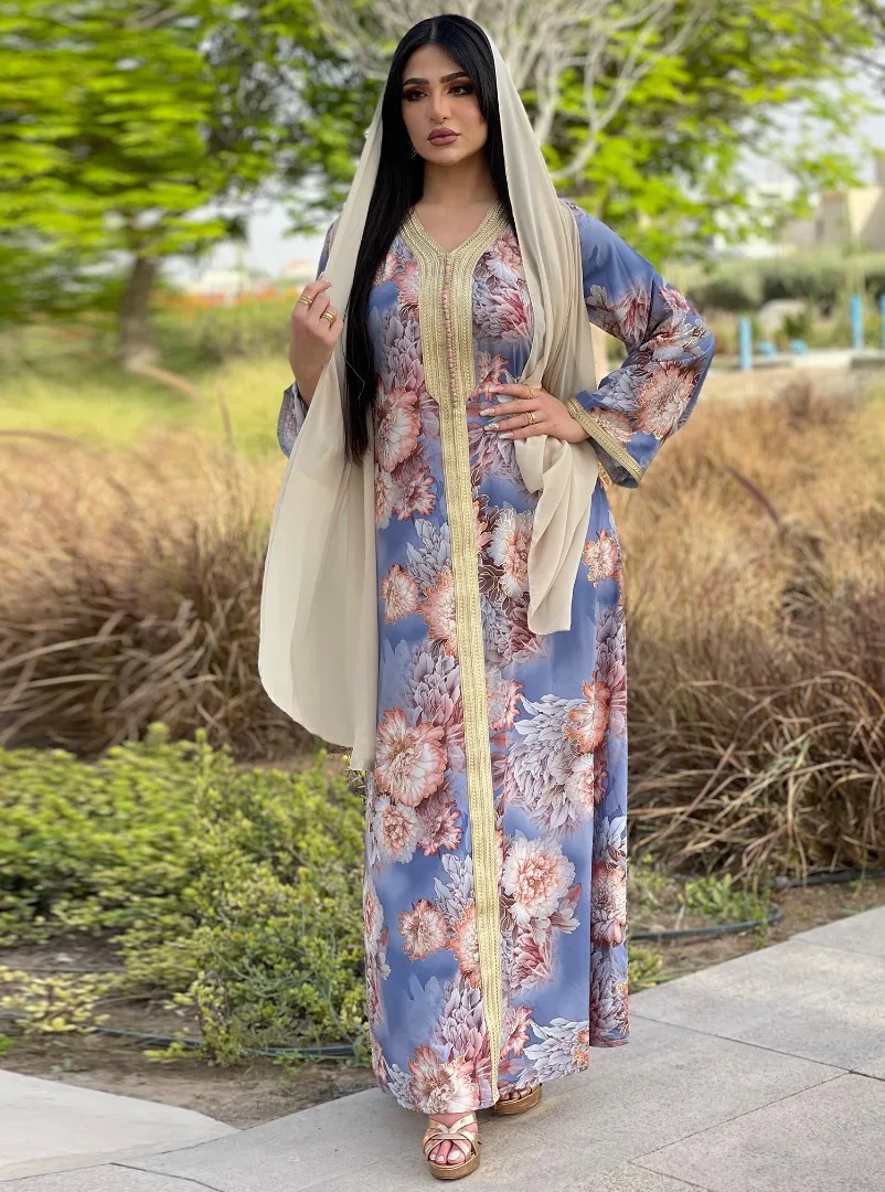 Print Dress for Women V-neck Floral Long-sleeved Abayas for Women Elegant Modern Maxi Dress Islam Clothes Women Muslim Clothing