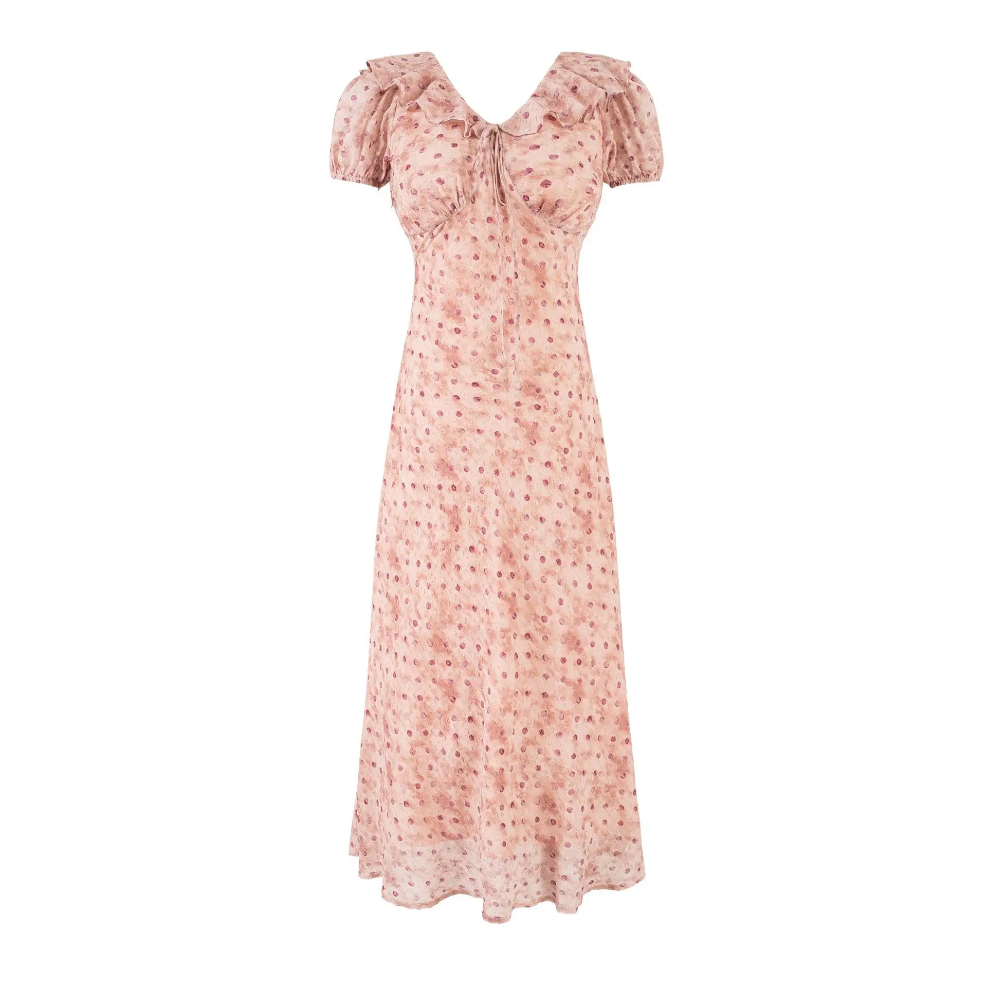 

Sweet Pink Floral Ruffle Long Dresses Women Elegant Fashion Drawstring V-neck Back Lace-up Short Sleeve A-line Maxi Dress Summer