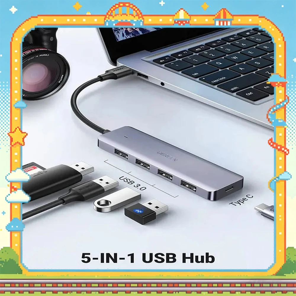 UGREEN 50985 4 Port USB 3.0 Hub Ultra Slim USB A Splitter with Auxiliary Power Port for Laptop PC MacBook Flash Drive HDD