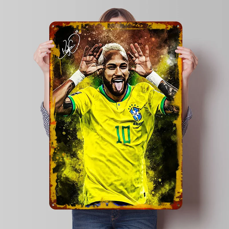 Neymar Jr. Porträt mit Unterschrift Blechposter Maßgefertigte Wandkunst Vintage Metallschilder Retro Blechschild zur Dekoration für Zuhause und Zimmer