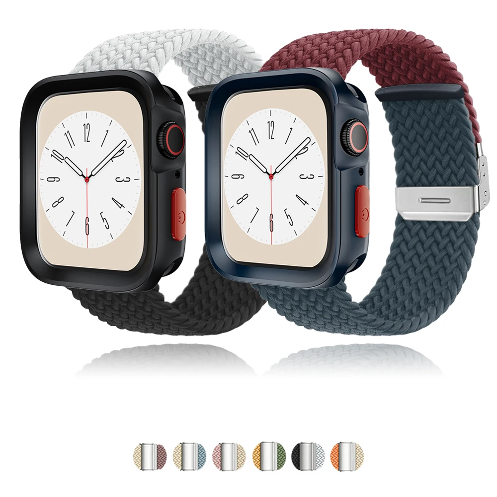 Braided Strap+Soft Case For Apple watch band 44mm 40mm 41mm 45mm Nylon Loop bracelet iWatch series 9 8 7 se 5 6 Cover Accessorie