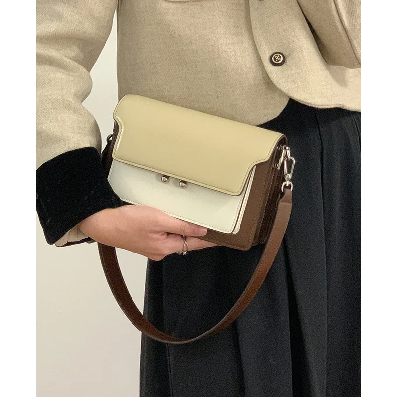 ZR DIARY Underarm Bag Women Split Leather New Contrasting Color Single Shoulder Crossbody Bag Small Square Accordion Bag W11036