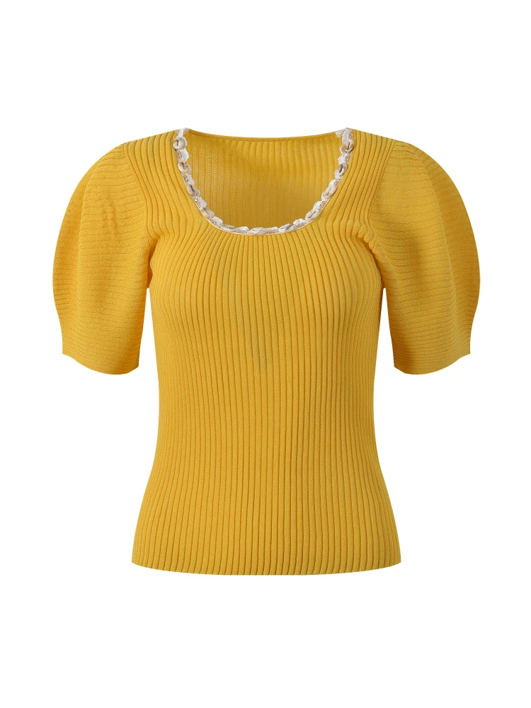 เสื้อถักไหมพรมผู้หญิงดีไซน์หรูหราสำหรับฤดูร้อน ทรงกลม แบบมีลูกปัด หรือ ทรงกลมแบบมีฟองอากาศ เสื้อยืดทรงกลมแบบสวม