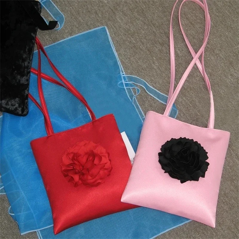 

Ins Niche Satin 3D Large Flower Solid Color Small Shoulder Bag Trendy Portable Casual Tote Bag For Women Daily Shopping Gift