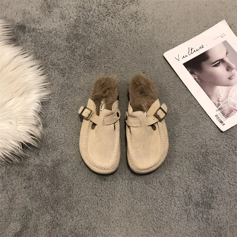 

Winter Woman Slipper Shoes Slides Fur Flip Flops Low Platform Cover Toe Plush Rome PU Hoof Heels Basic Retro Fabric Fur Shoes La