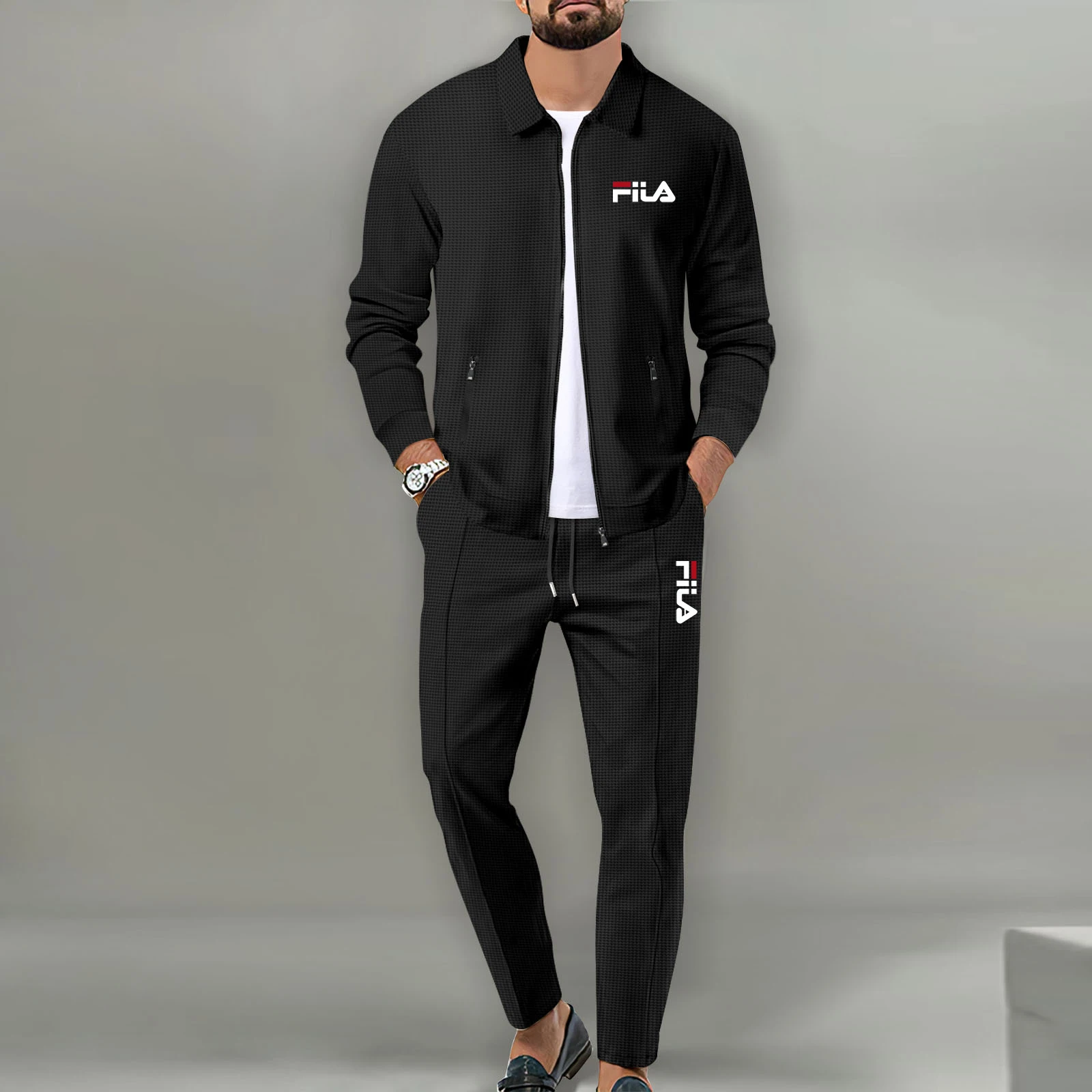 

Men's 2Piece Waffle Knit Sportswear Suit Zip Up Jacket & Drawstring Pants Streetwear Jogging Outfit Solid Color Casual Tracksuit