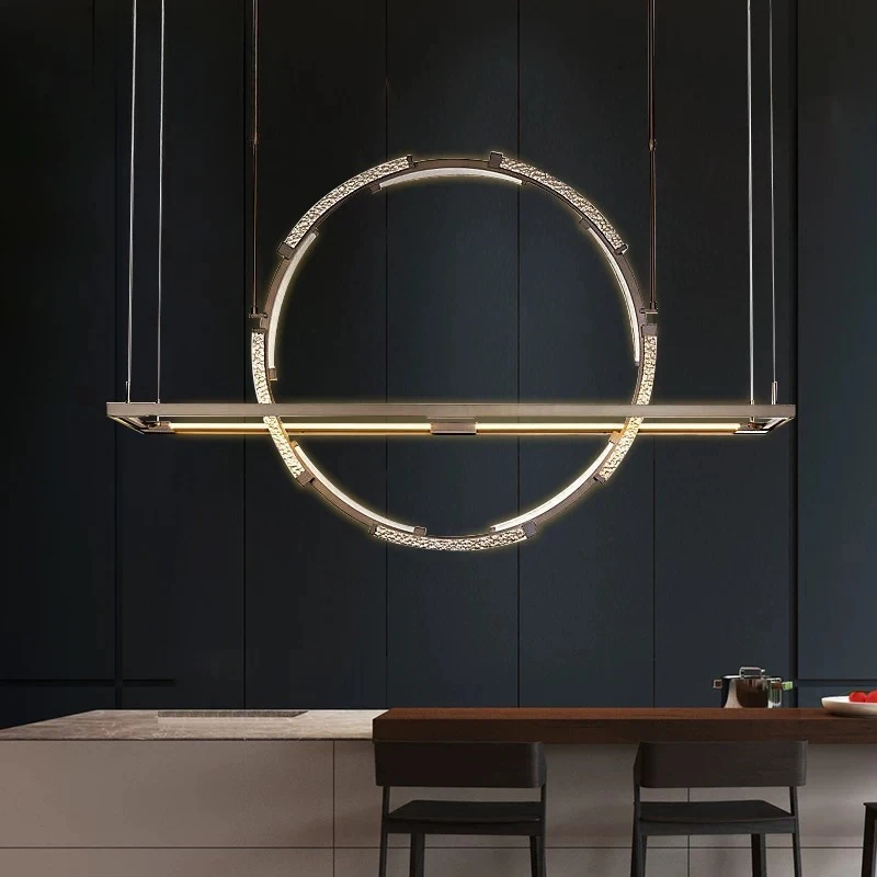 Luxury Geometric LED Chandelier Linear Circular Crystal Pendant Light Modern Metal Hanging Lamp for Dining Room Kitchen Island