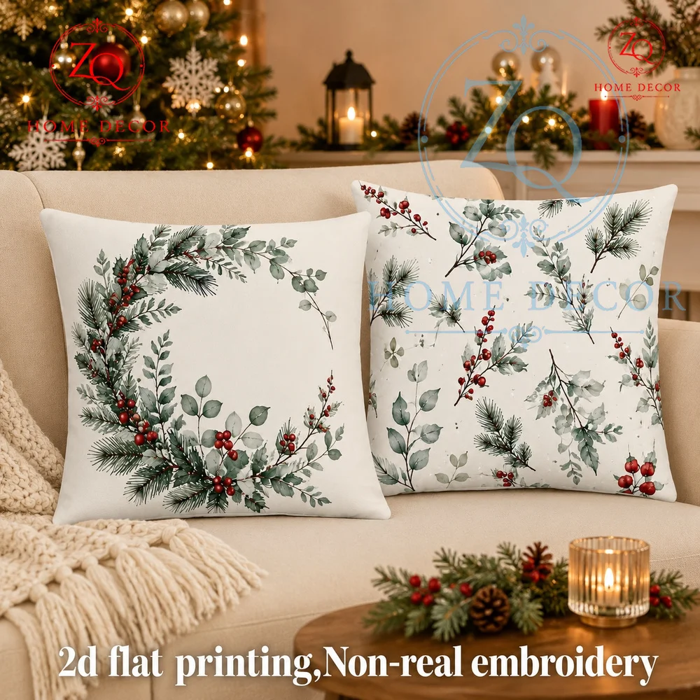Winter Watercolor Eucalyptus  Berry Christmas Throw Pillow Covers Rustic Farmhouse Holiday Decor Cushion Cases for Sofa Couch