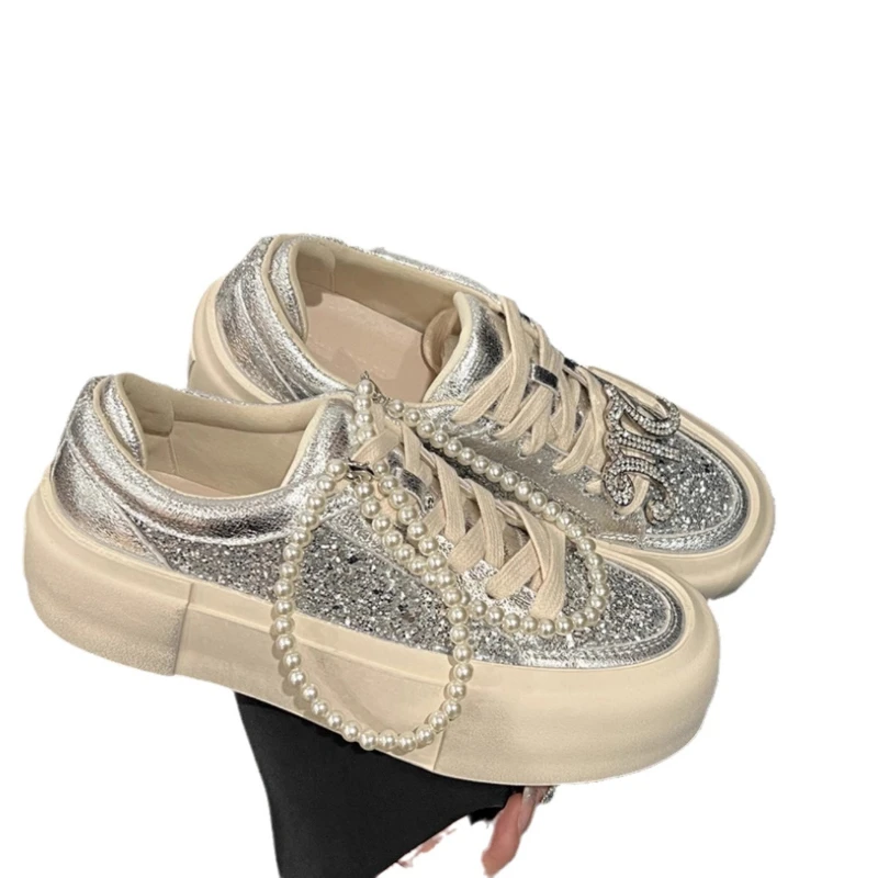 

Round Toe Lace Up Letter Casual Shoes Versatile 2024 New Thick Sole Sponge Cake Shoes Pearl Sequin Board Shoes Women