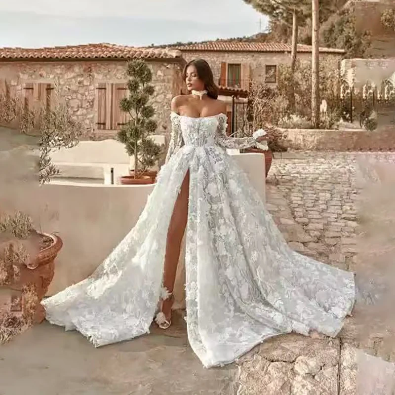 

Customized Luxury Elegant A-Line Wedding Dresses 3D Flower Long Sleeve Split Bridal Dress Princess Wedding Ball Prom Gowns