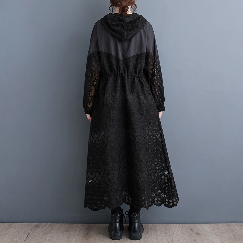 #6898 Black Hooded Trench Coat Women Zipper Loose Split Joint Hollow Out Long Coat Ladies Vintage Outerwear Windbreaker Female 