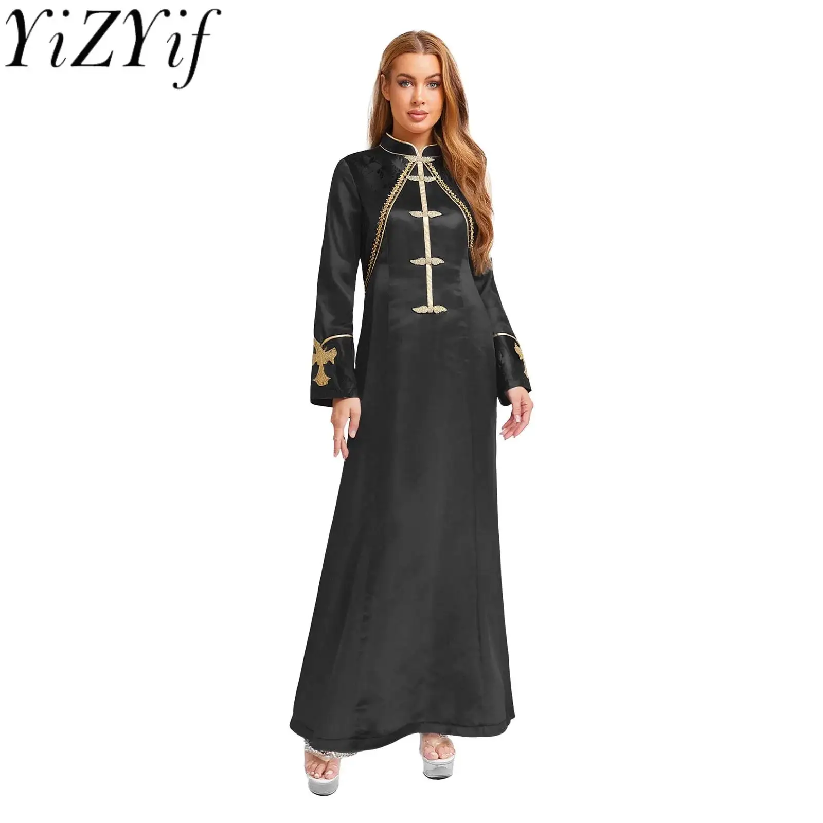 

Women Liturgical Priest Clergy Cosplay Long Robe Dress Cross Embroidery Cassock Worship Church Dress Halloween Festival Costumes