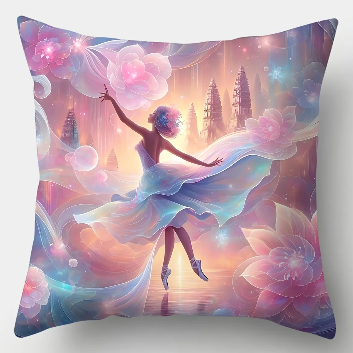 Young girl dancing with floral pattern printing pillow cover Short plush Suitable living room bedrooms sofas throw cushion cover