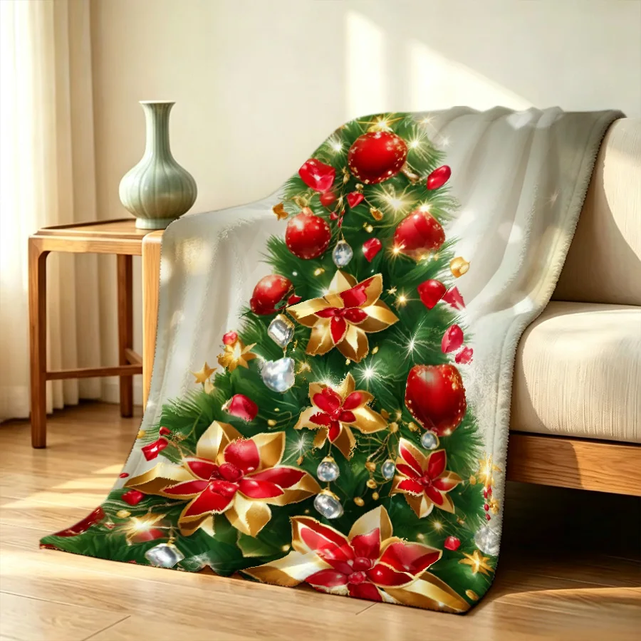 Christmas Ornaments Lights Poinsettias Print Flannel Throw Blanket, Baubles 2D Single-Sided Printed Holiday Blanket