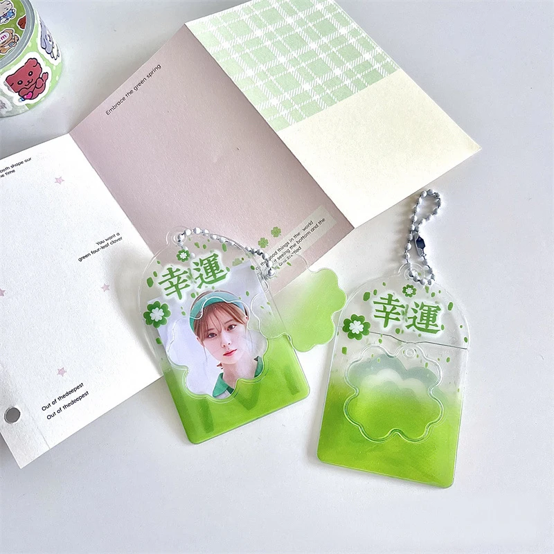 pvc green lucky four-leaf clover photo card pendant key ring 2 inch card holder certificate photo