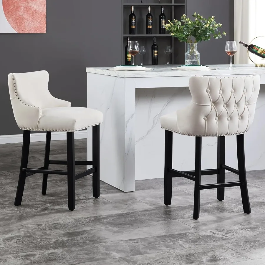 

Velvet Bar Stools Set of 2 Tufted Counter Height with Back Upholstered Wooden Stools for Kitchen Island Dining Cafe Pub Beige