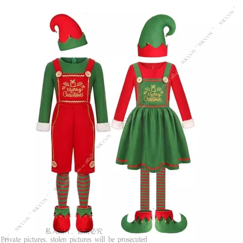 

Adult Christmas Costume Children's Christmas Elf Suit Red And Green Color Cosplay Costume Woman Man Festivals Disguise Fancy