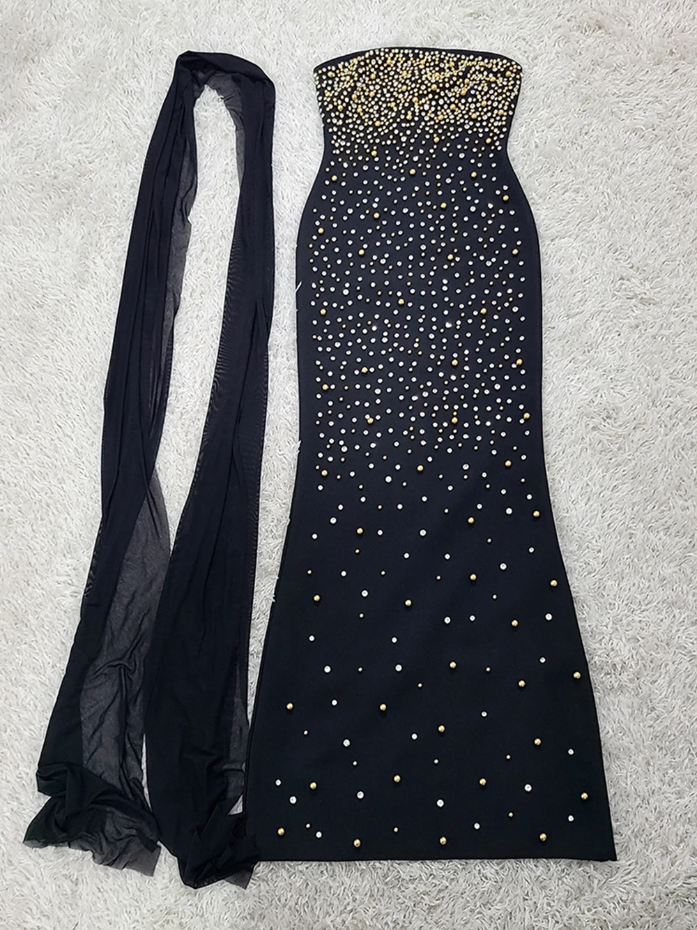 Modphy Abito aderente con fasciatura lunga con perline di lusso con sciarpa in rete 2025 Abiti da sera eleganti da sera per celebrità sexy senza spalline da donna