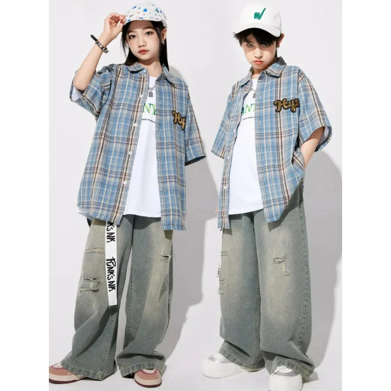 ملابس الهيب هوب اليابانية منقوشة خمر قميص ممزق الجينز الفتيات K-pop الشارع الرقص مجموعات الصبي الشارع الشهير ملابس الاطفال الجاز زي