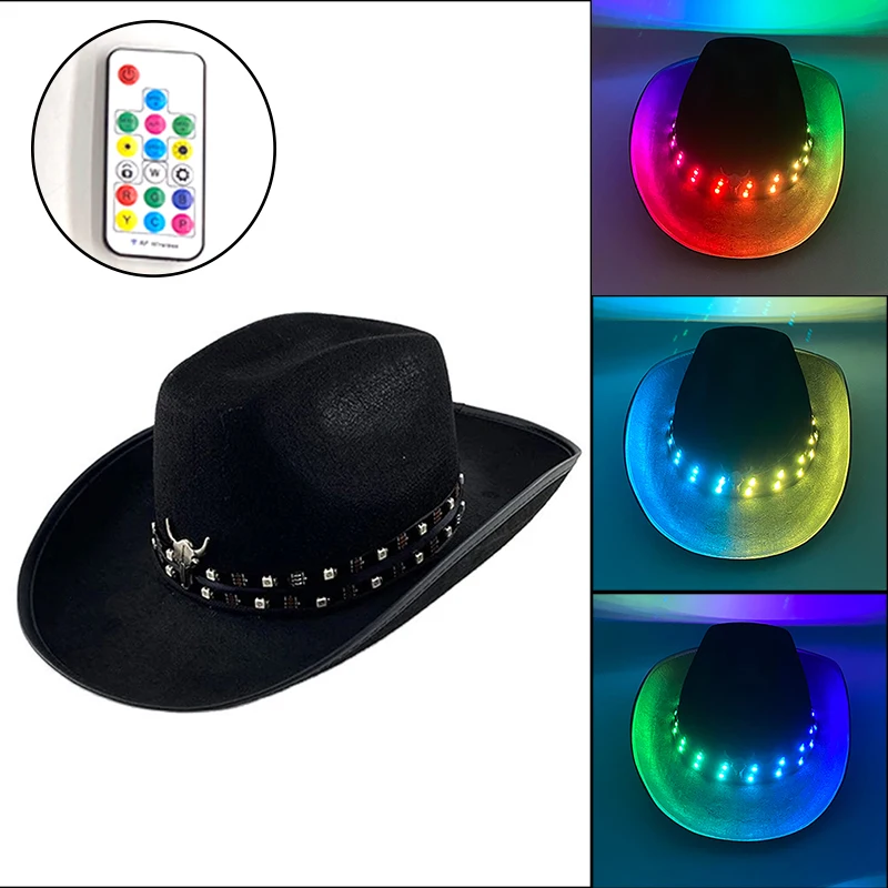 New Remote Control LED Light Up Black Cowboy Hat Neon Luminous Cowboy Cap Night Club Glow Party Props Carnival Festival Decor