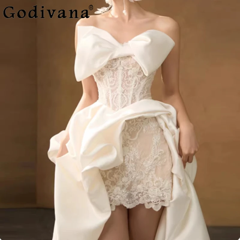

Temperament French Sweet Lace Strapless White Fairy Wedding Dress Fashion High Waist A-line Elegant Bow Strap Princess Dresses