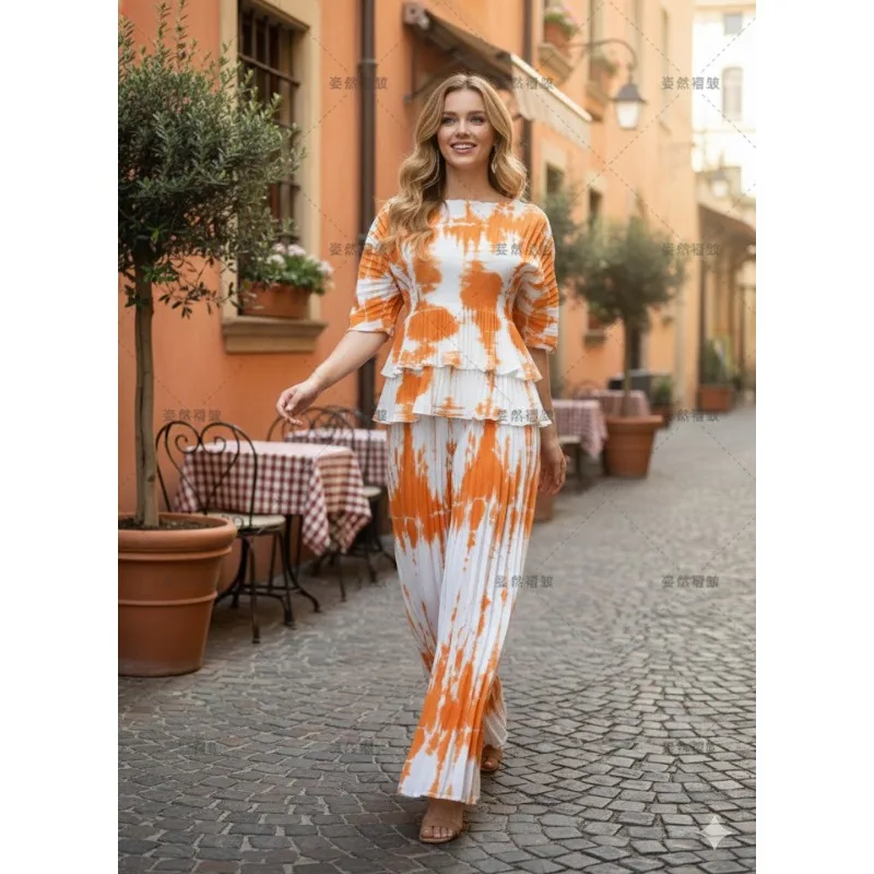 

Miyake Pleated Pants Suit Plisse 2026 Fashion Pleats Suit Two-piece Plus Size Women's Printed Casual Fold Pants Suit Temperament