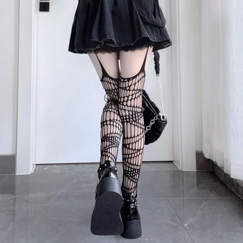 Black and White Slimming Sling Stockings Irregular Socks Asymmetric Punk Sexy Hot Girl over the Knee Stockings Street Style