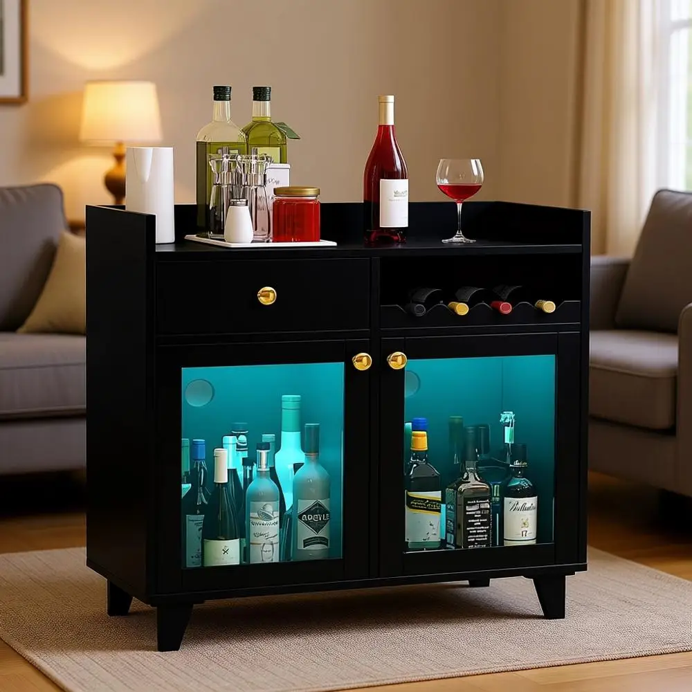 Black Tempered Glass Door Wine Cabinet with LED Lighting and Storage for Liquor and Kitchen Use