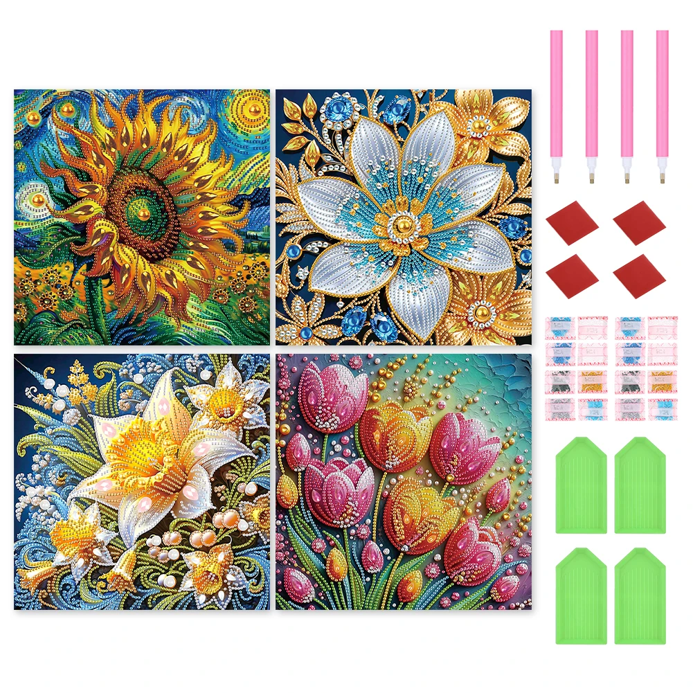 4 قطع 5D DIY جزئية خاصة على شكل الحفر الماس اللوحة زهرة ديكور 30x30cm #4