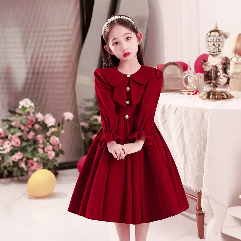 Christmas Wine Red Velvet Dresses for Little Girls Luxury Evening Pageant Short Gown Kids Birthday Party Princess Dress Children