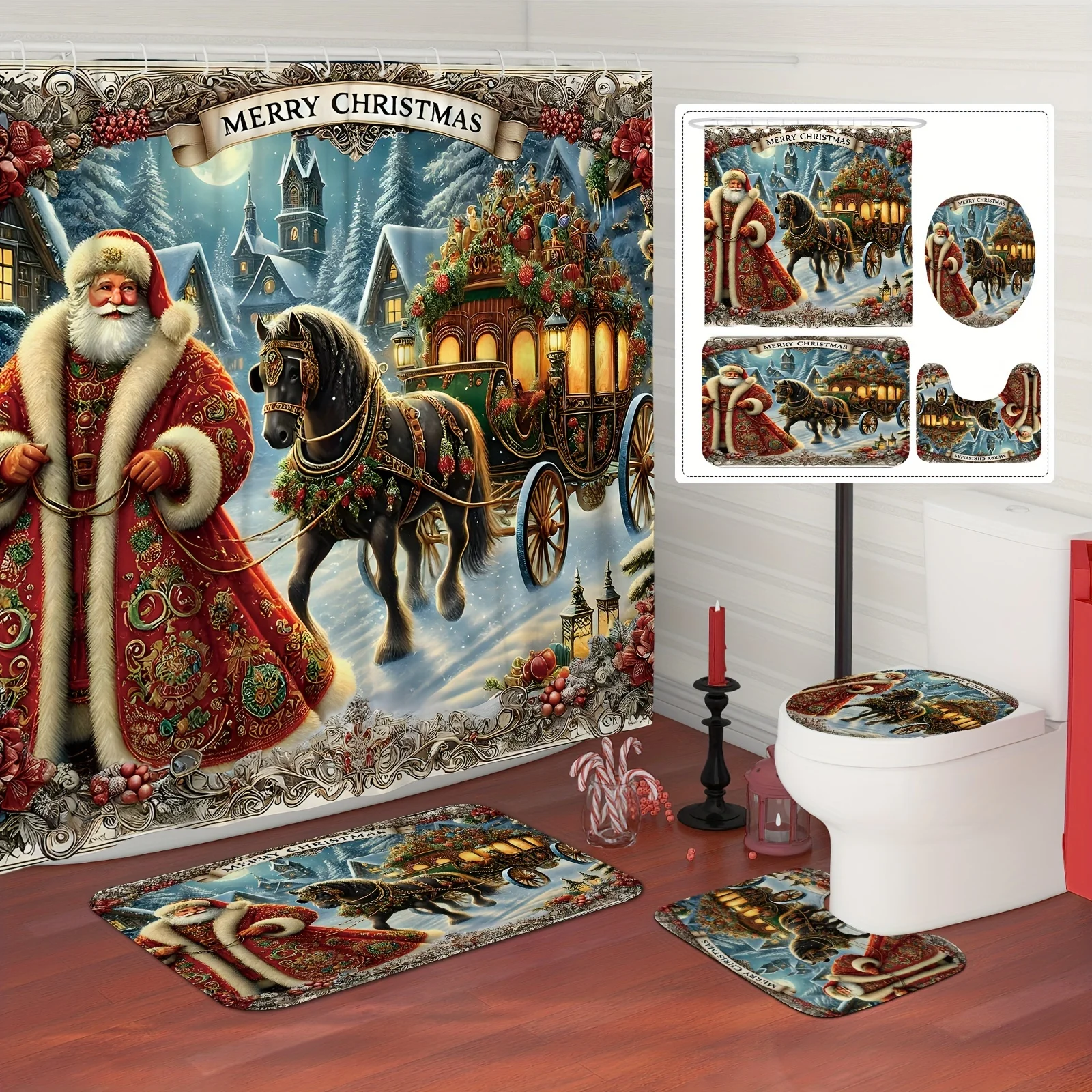 

4pcs Christmas Santa Horse Shower Curtain Set, Funny Red Green Xmas Bathroom Decor , Non-Slip Mat & U-Shape Toilet Cover
