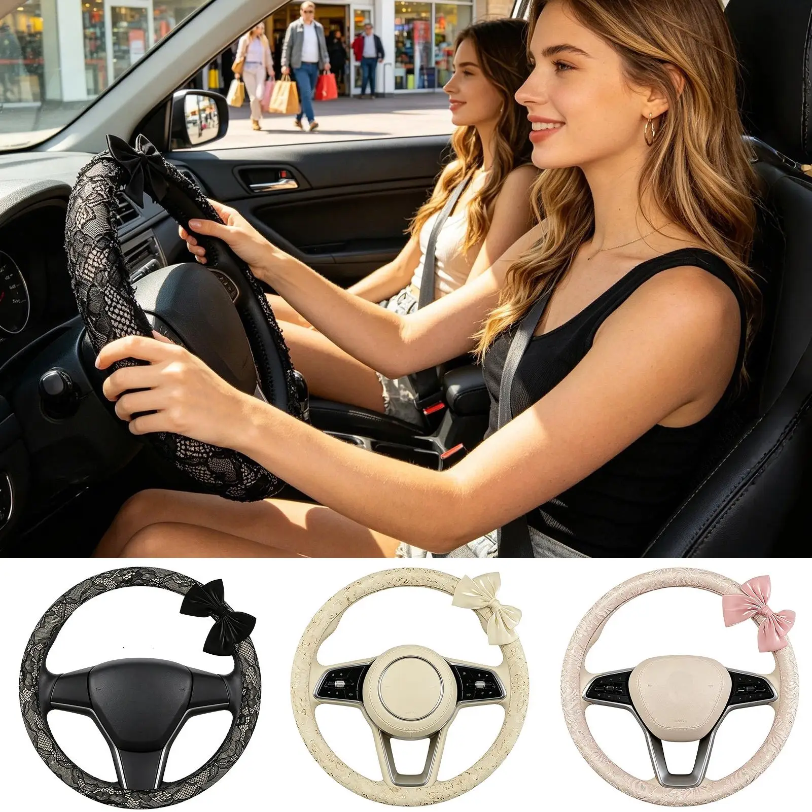 Car Wheel Cover 15 Inches Lace Pattern Interior Decor Steering Cover With Bow For SUV Truck Road Trip Daily Commute Long Drive