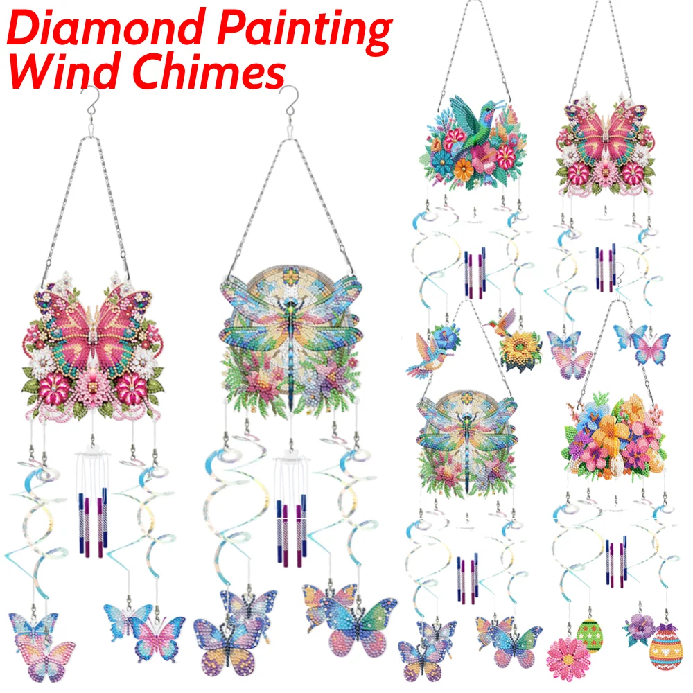 Flower Dragonfly Double Sided Diamond Painting Wind Chimes Wind Chimes DIY Diamond Kits DIY Crystal Wind Chime for Window Decor