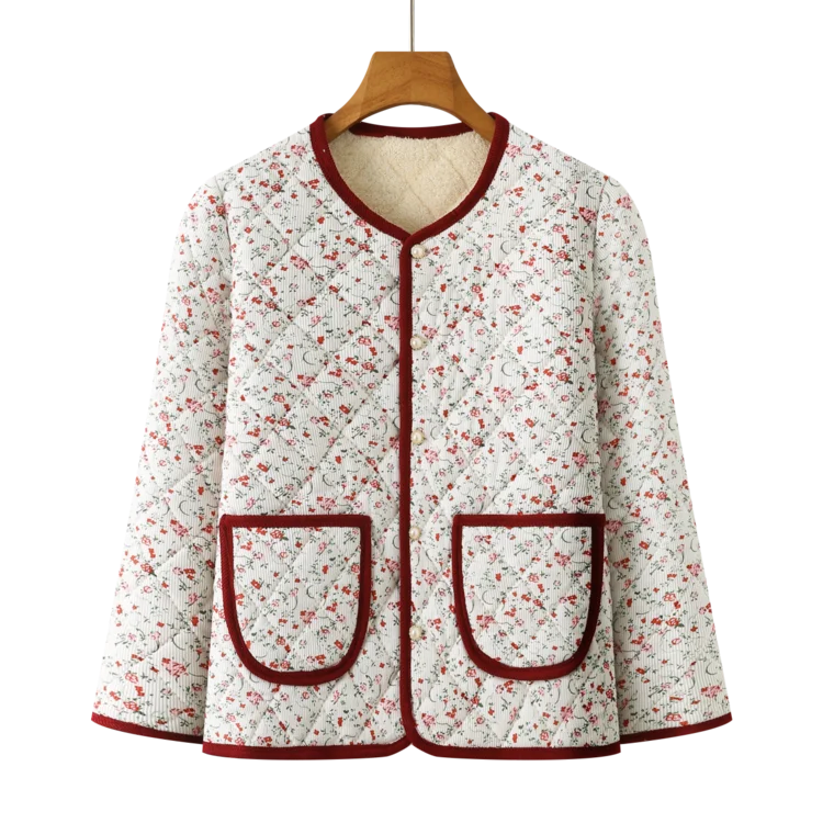 سترة قطنية مطبوعة بالزهور مبطنة بالصوف السميك قصيرة الطول للخريف والشتاء للنساء في منتصف العمر وكبار السن
