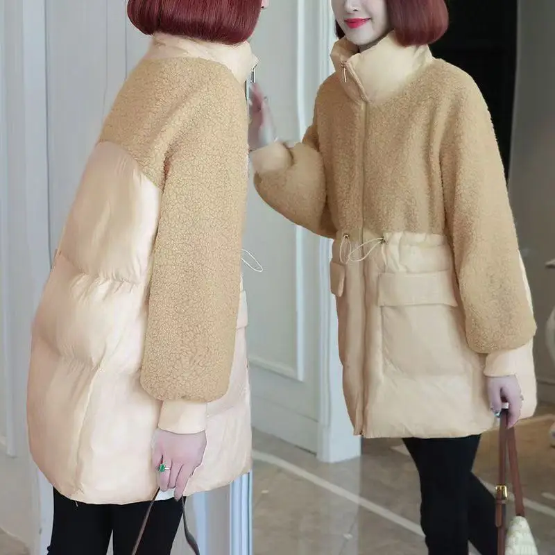 ダウンジャケット女性ミッドレングス秋冬新ルーズ綿パッド入りステッチラムフリース厚く暖かいコート女性オーバーコートトップス