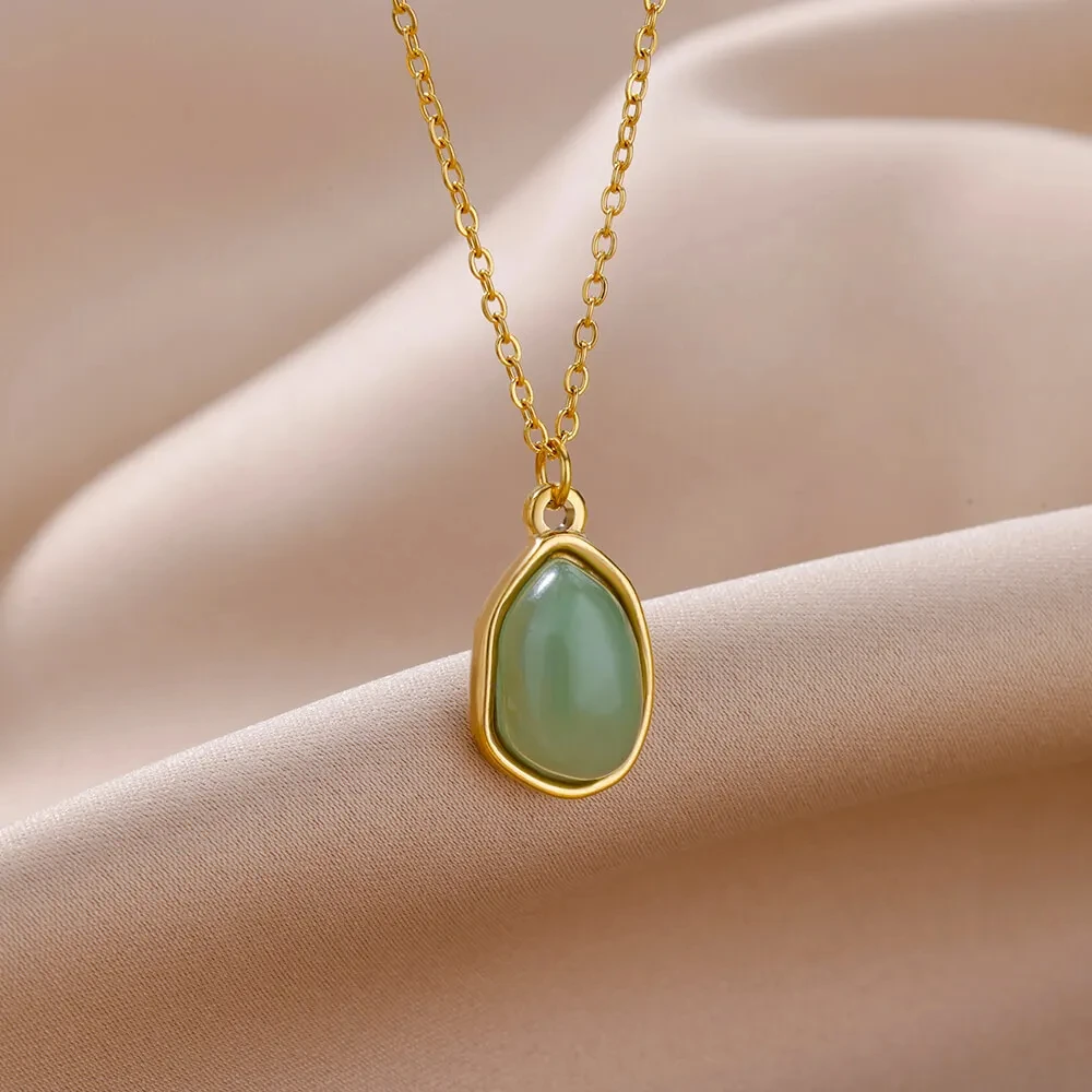 Fashion Stone Opal Oval Necklace For Women Stainless Steel Gold Color Green Stone Pendant Necklace Wedding Aesthetic Jewelry Gif