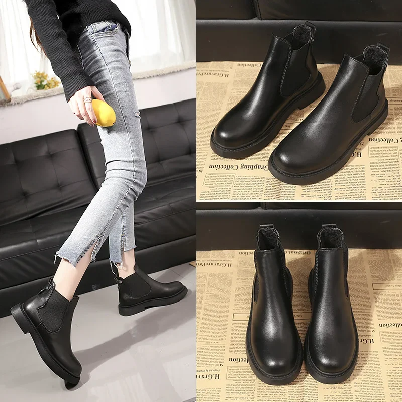 Chelsea Boots Women\'s Ankle boots British style Girls Naked Boot Round Toe Winter Shoes Woman Flat Boot Black