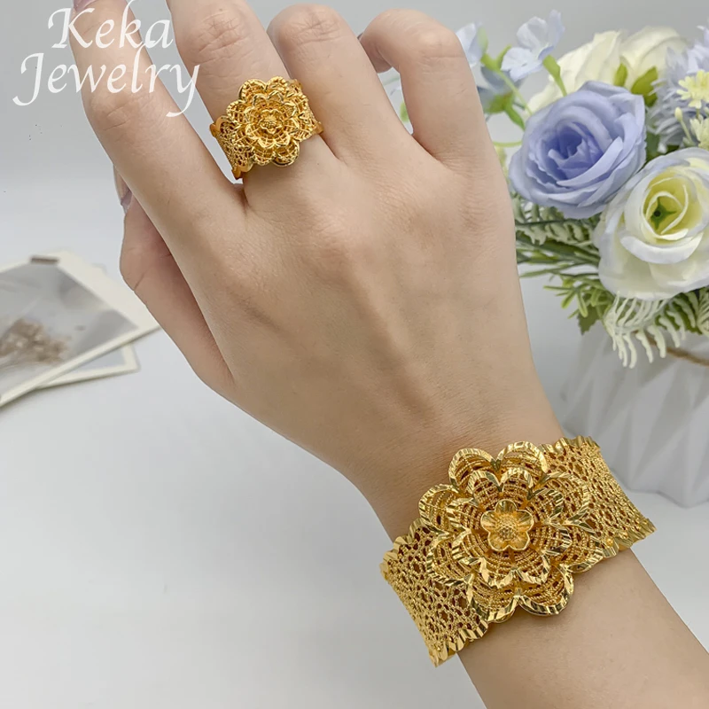 African 22k Gold Plated Classics Jewelry Set for Women Fashion Bracelet Ring Set America  Wedding Party Jewelry Daily Wear