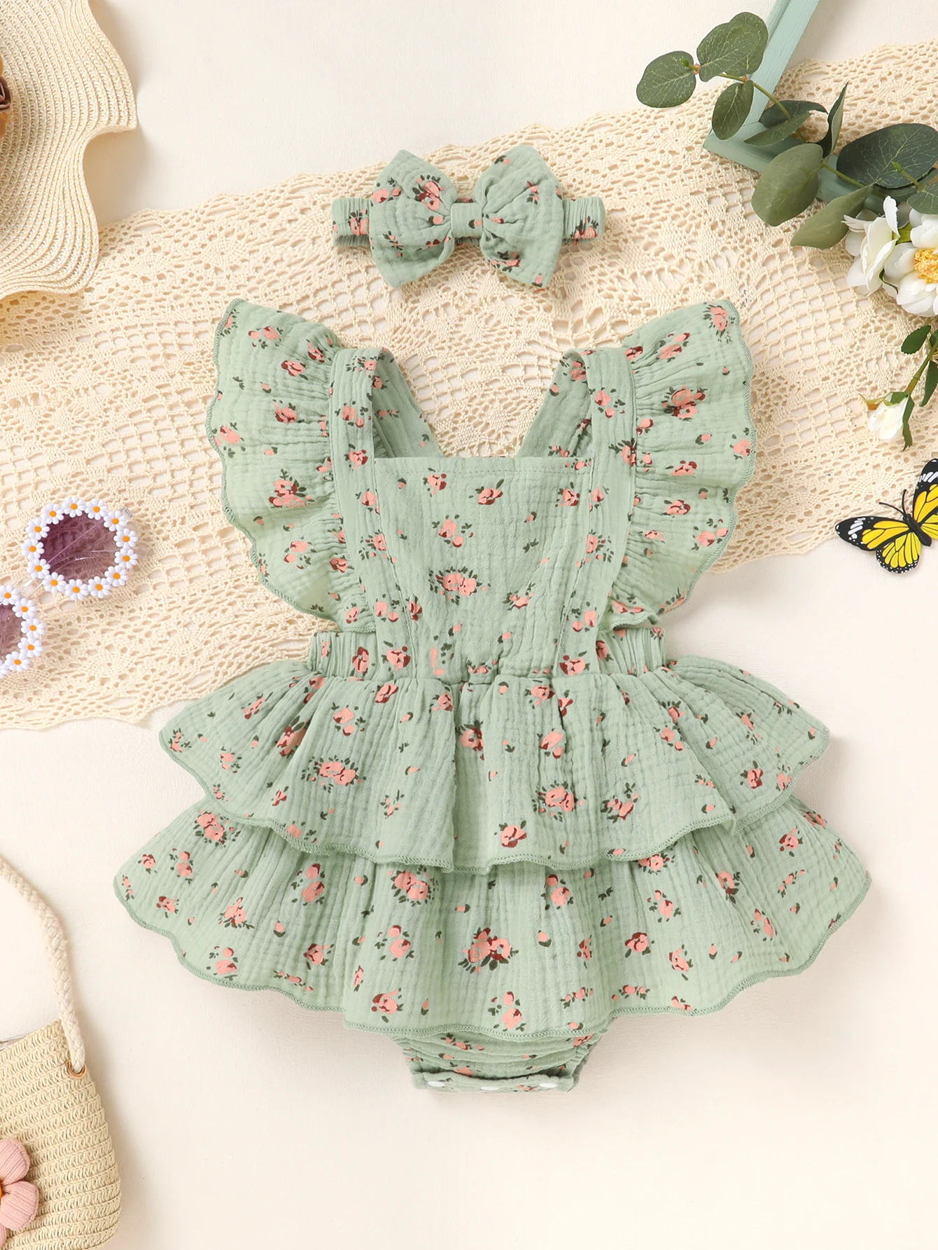 2pcs Baby Girls Summer Floral Sleeveless Double Layer Ruffle Skirt Bodysuit & Bow Headband