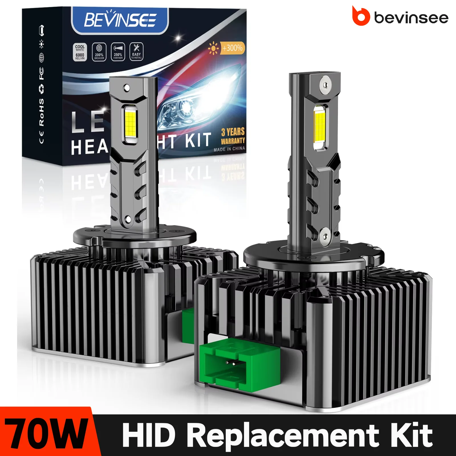 

BEVINSEE 70W D3S D3R LED Auto Headlamp D1S D2S D5S D1R D2R LED CANBUS 6000K White Xenon HID Replacement Car Lights Plug&Play 12V