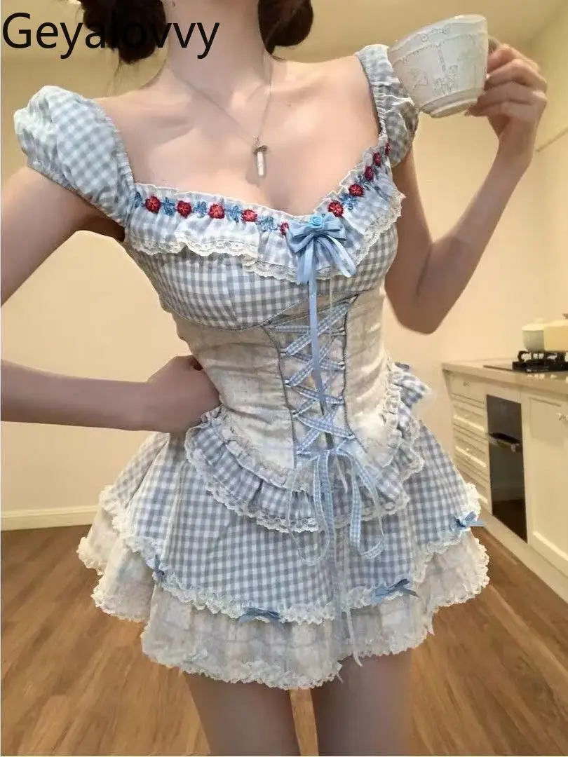 

Pure Desire Style Hot Girl Cake Skirts Two-Piece Set Summer Pastoral Style Lace-Up Short Sleeve Top + Short Skirt Sweet Outfit