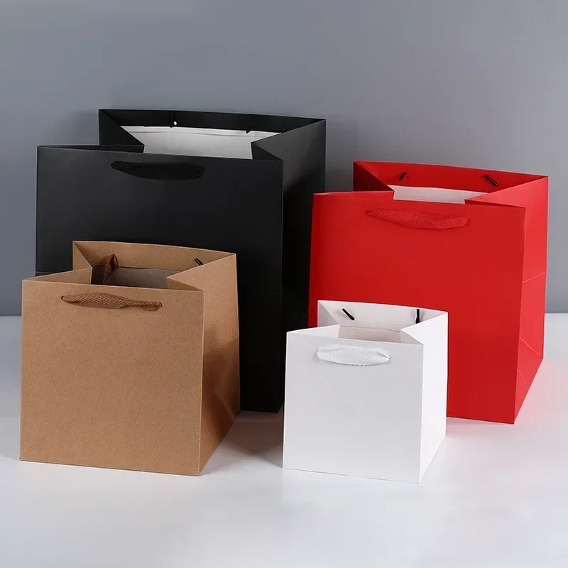 6pcs Square Portable Paper Bag White Cardboard Flower Bouquet Gift Packaging Bags Black Strong Handheld Durable Kraft Paper Bag