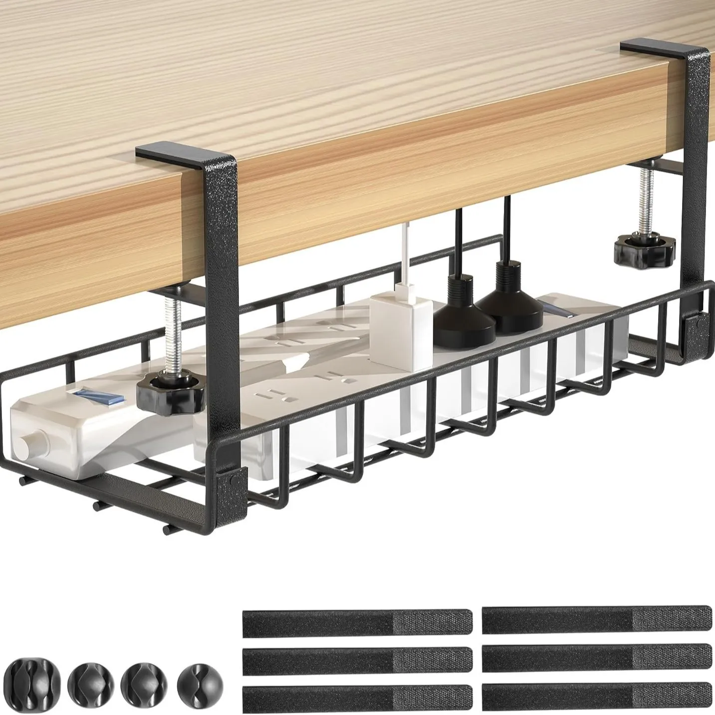 No-Drill Under Desk Cable Tray Iron Clamp Organizer Power Strips Office Wiring Mm