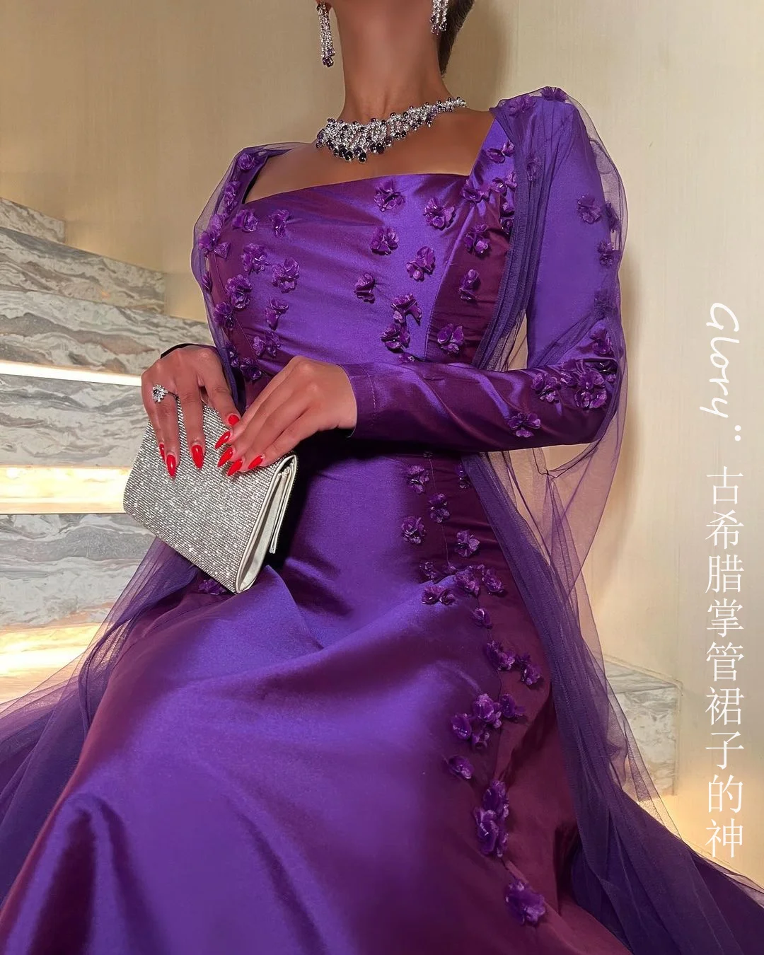 

Purple Applique Evening Dress Party Hand made Flowers Prom Dresses Long Sleeves Square Neckline Saudi Arabia Satin Wedding Dress