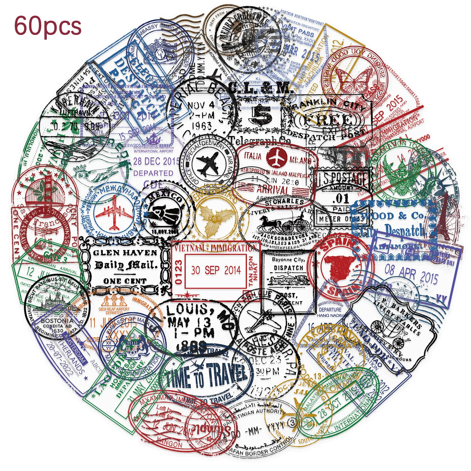 60 Stück Vintage-Poststempel, wasserfest, Cartoon-Aufkleber-Set, Retro-Doodle-Kunst, Ästhetik, Koffer, Wasserflasche, Laptop, Skateboard