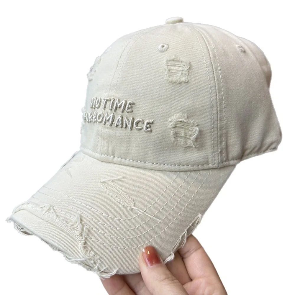 

Adjustable Ripped Baseball Cap Korean Alphabet Embroidery Holes Peaked Cap Washed Cotton Vintage Snapback Cap Teenagers